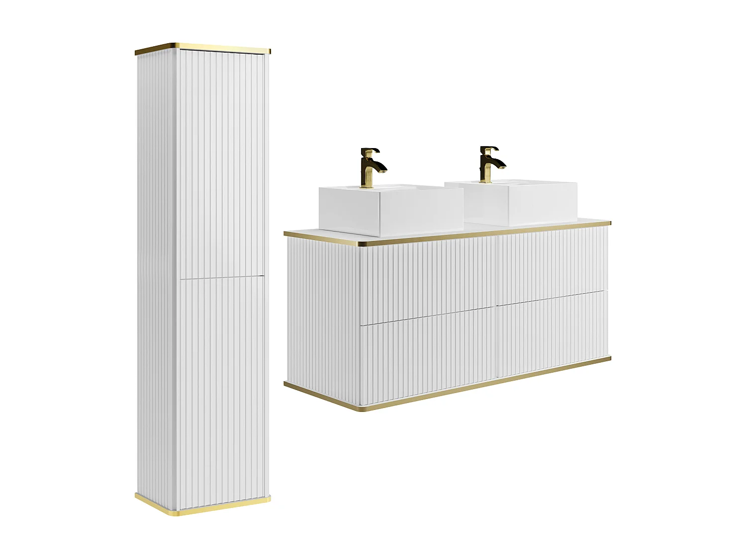 Meuble de salle de bain suspendu strié avec double vasque à poser carrée et colonne - Blanc - 120 cm - KELIZA
