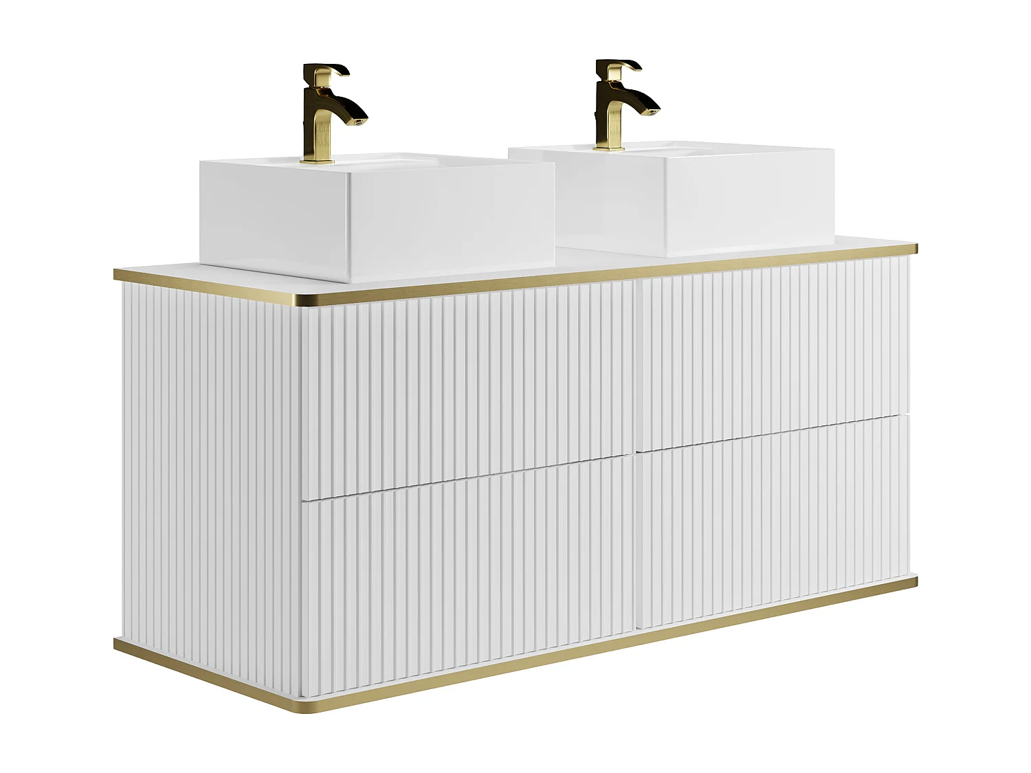 Meuble de salle de bain suspendu strié avec double vasque à poser carrée et colonne - Blanc - 120 cm - KELIZA