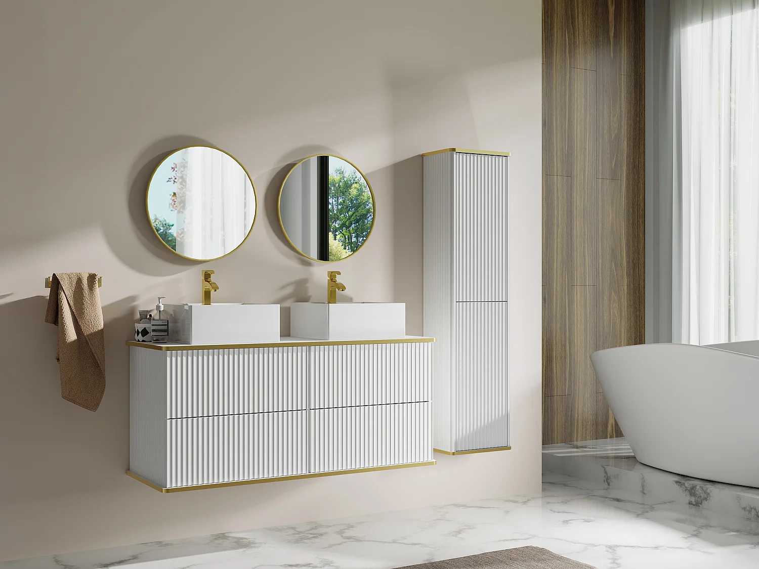 Meuble de salle de bain suspendu strié avec double vasque à poser carrée et colonne - Blanc - 120 cm - KELIZA