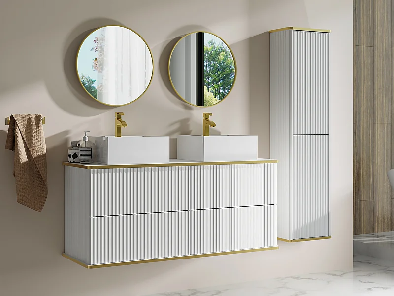 Mobile bagno sospeso con scanalature con doppio lavabo da appoggio quadrato e colonna - Bianco - 120 cm - KELIZA