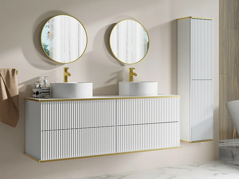 Móvel de casa de banho suspenso estriado com lavatório duplo de pousar redondo e coluna - Branco - 150 cm - KELIZA