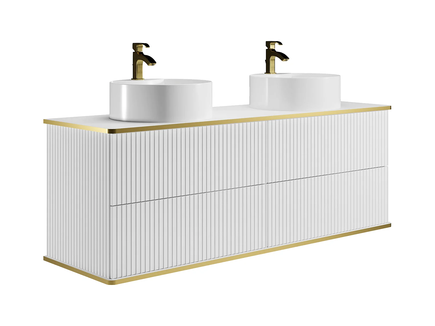 Meuble de salle de bain suspendu strié avec double  vasque à poser ronde et colonne - Blanc - 150 cm - KELIZA