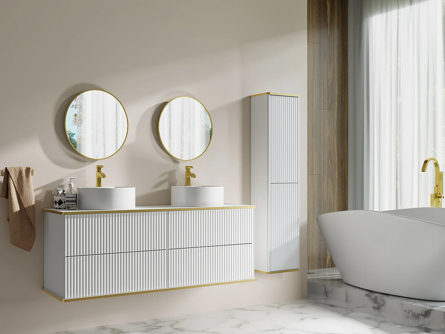 Meuble de salle de bain suspendu strié avec double  vasque à poser ronde et colonne - Blanc - 150 cm - KELIZA