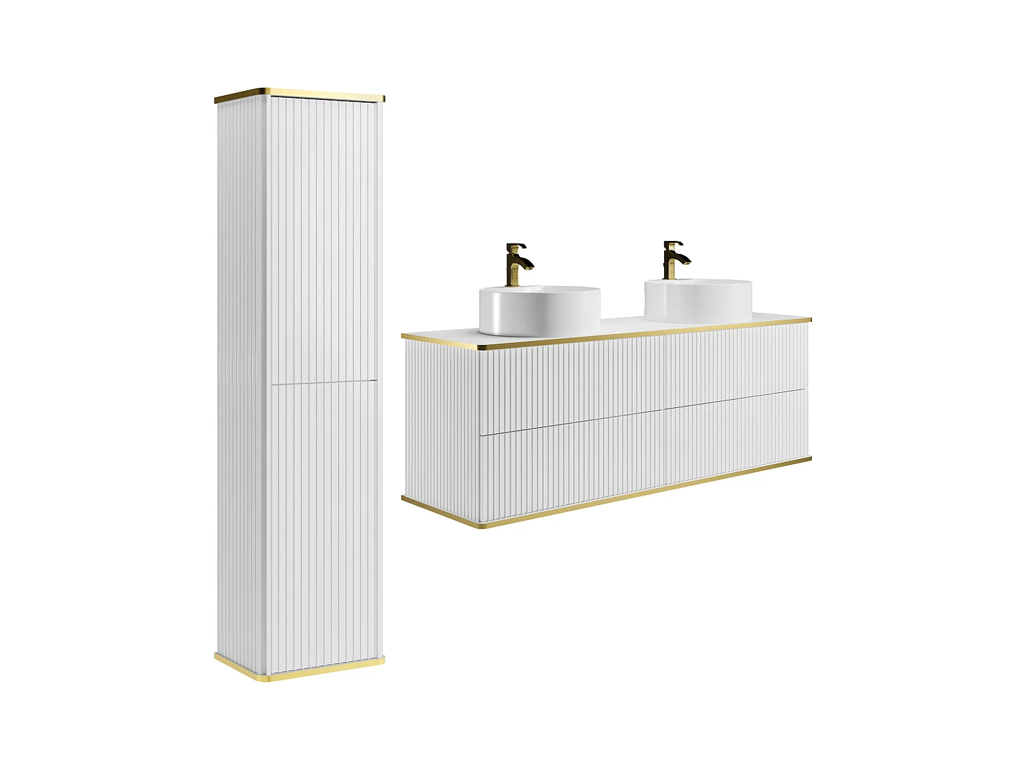 Meuble de salle de bain suspendu strié avec double  vasque à poser ronde et colonne - Blanc - 150 cm - KELIZA