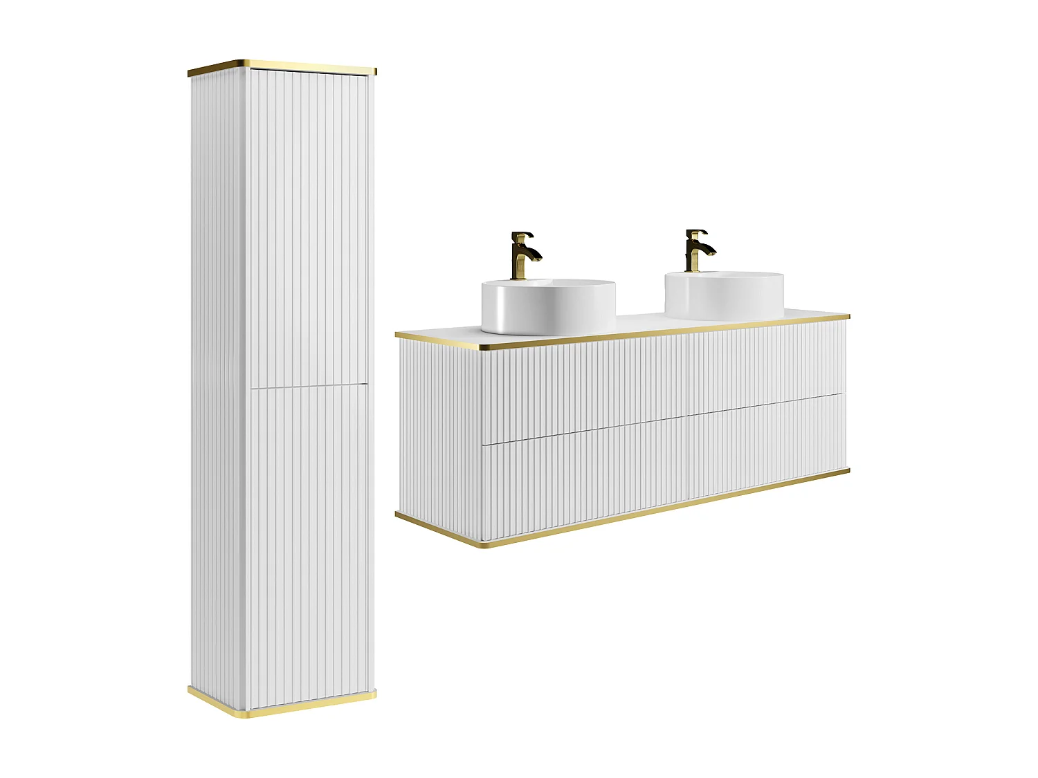 Meuble de salle de bain suspendu strié avec double  vasque à poser ronde et colonne - Blanc - 150 cm - KELIZA
