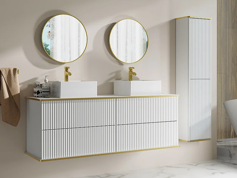 Móvel de casa de banho suspenso estriado com lavatório duplo de pousar quadrado e coluna - Branco - 150 cm - KELIZA