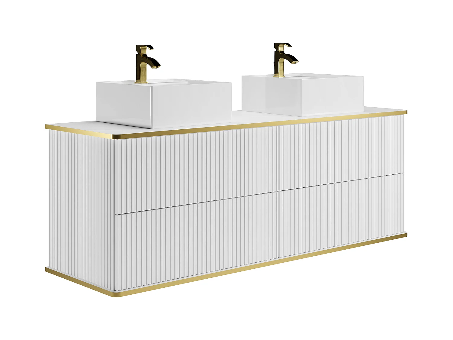 Meuble de salle de bain suspendu strié avec double vasque à poser carrée et colonne - Blanc - 150 cm - KELIZA