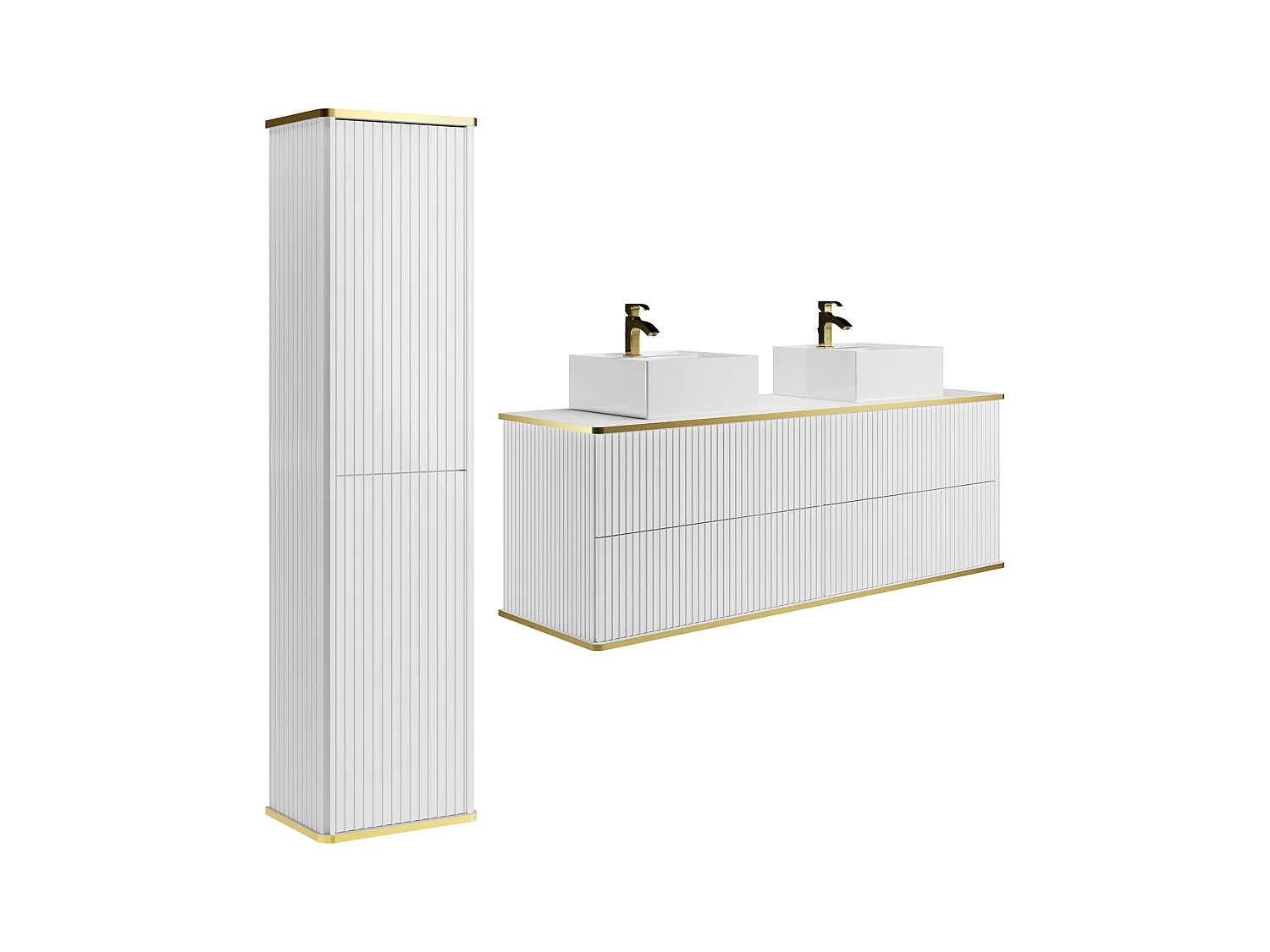 Meuble de salle de bain suspendu strié avec double vasque à poser carrée et colonne - Blanc - 150 cm - KELIZA