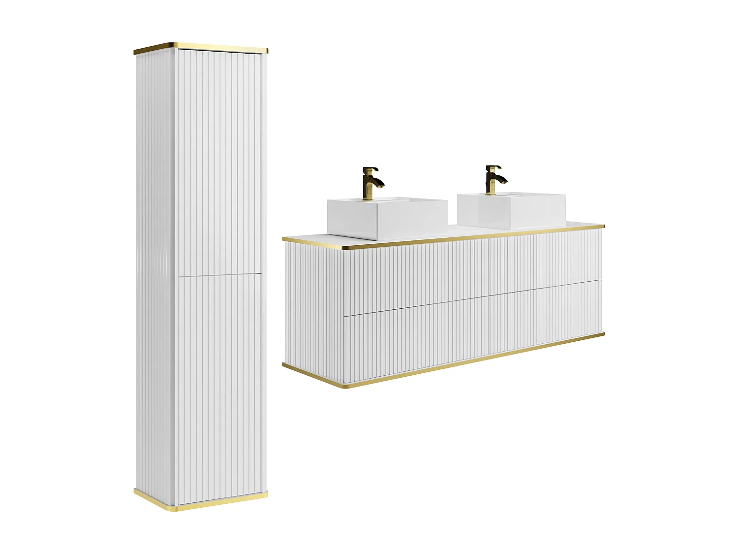 Meuble de salle de bain suspendu strié avec double vasque à poser carrée et colonne - Blanc - 150 cm - KELIZA
