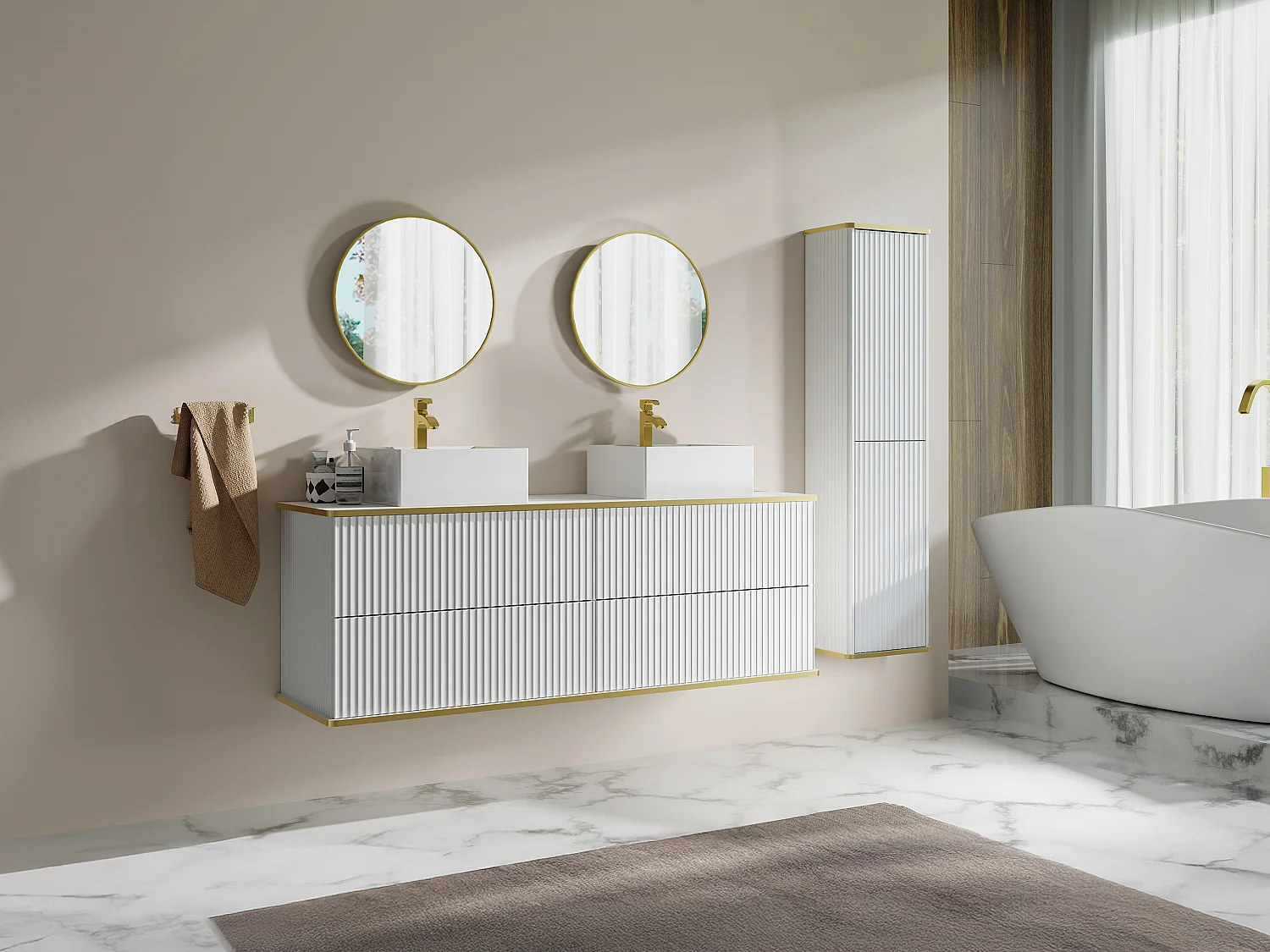 Meuble de salle de bain suspendu strié avec double vasque à poser carrée et colonne - Blanc - 150 cm - KELIZA