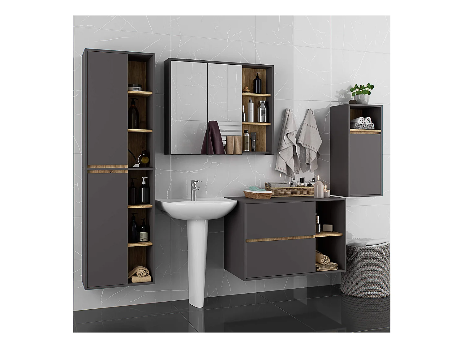 Badkamermeubelset VAMI 4-delige / hangende Badkamerkasten / 21 Planken en 2 Lades / Grafietgrijs - Artisan Eik / AKORD Furniture Factory