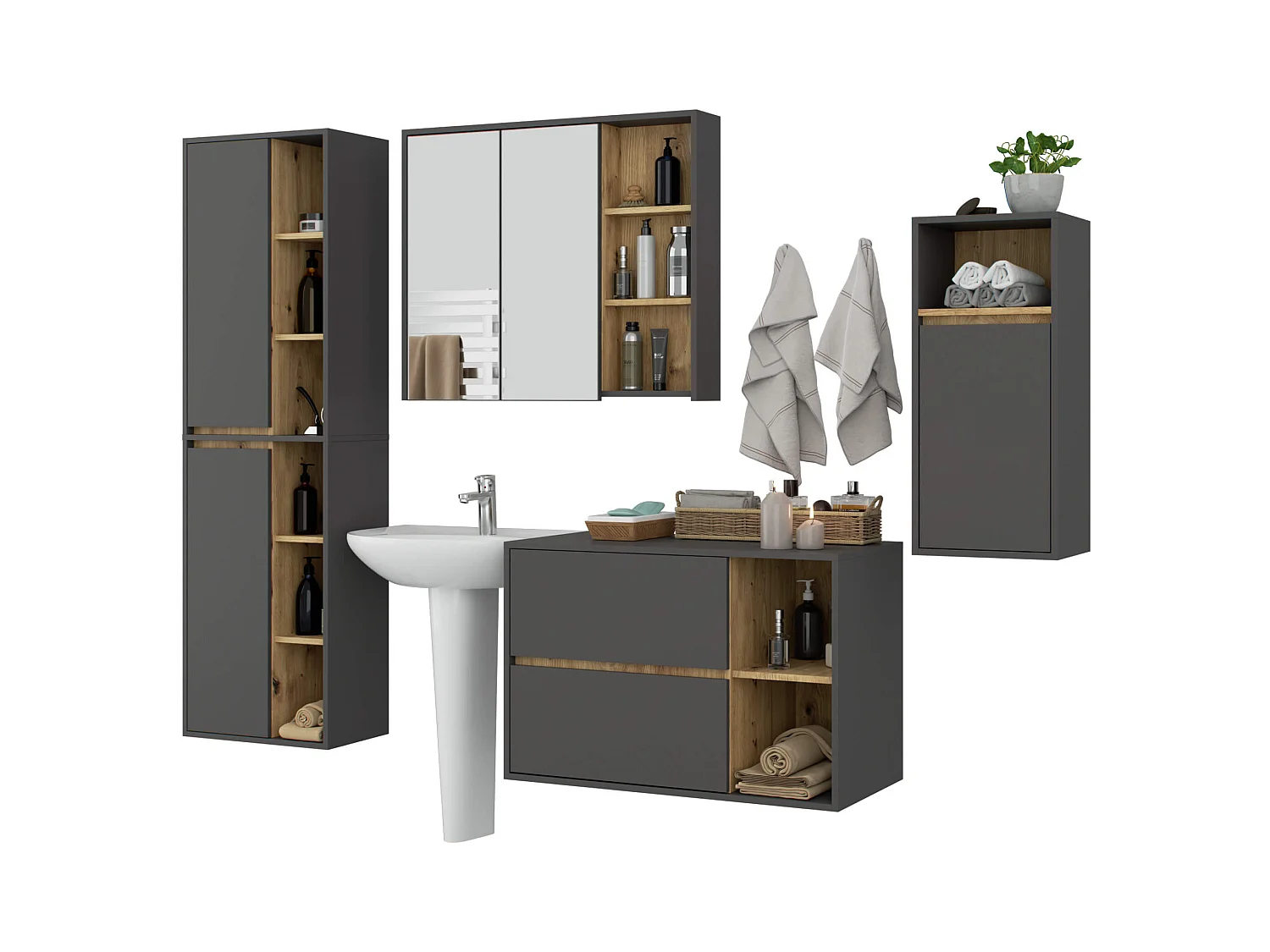 Badkamermeubelset VAMI 4-delige / hangende Badkamerkasten / 21 Planken en 2 Lades / Grafietgrijs - Artisan Eik / AKORD Furniture Factory