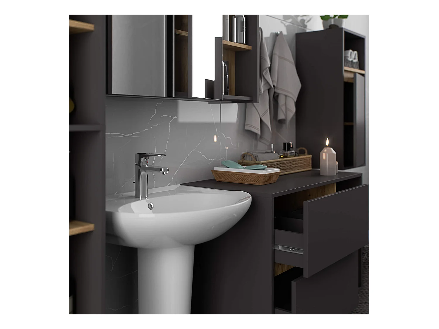 Badkamermeubelset VAMI 4-delige / hangende Badkamerkasten / 21 Planken en 2 Lades / Grafietgrijs - Artisan Eik / AKORD Furniture Factory