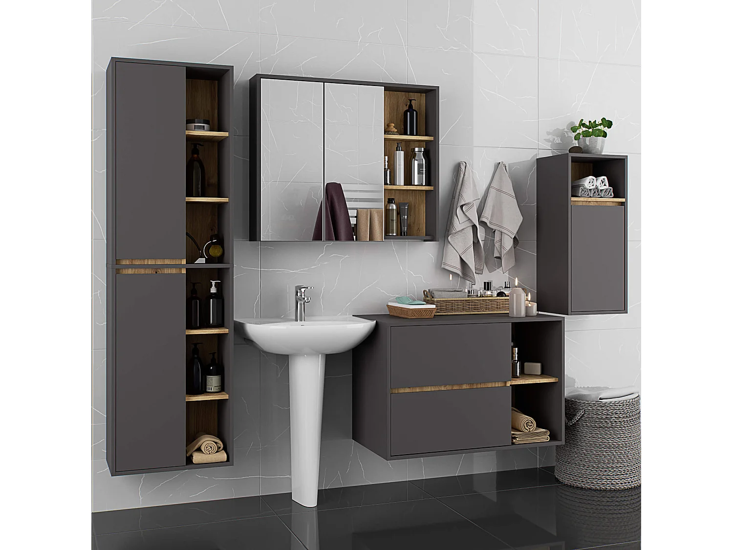 Badkamermeubelset VAMI 4-delige / hangende Badkamerkasten / 21 Planken en 2 Lades / Grafietgrijs - Artisan Eik / AKORD Furniture Factory