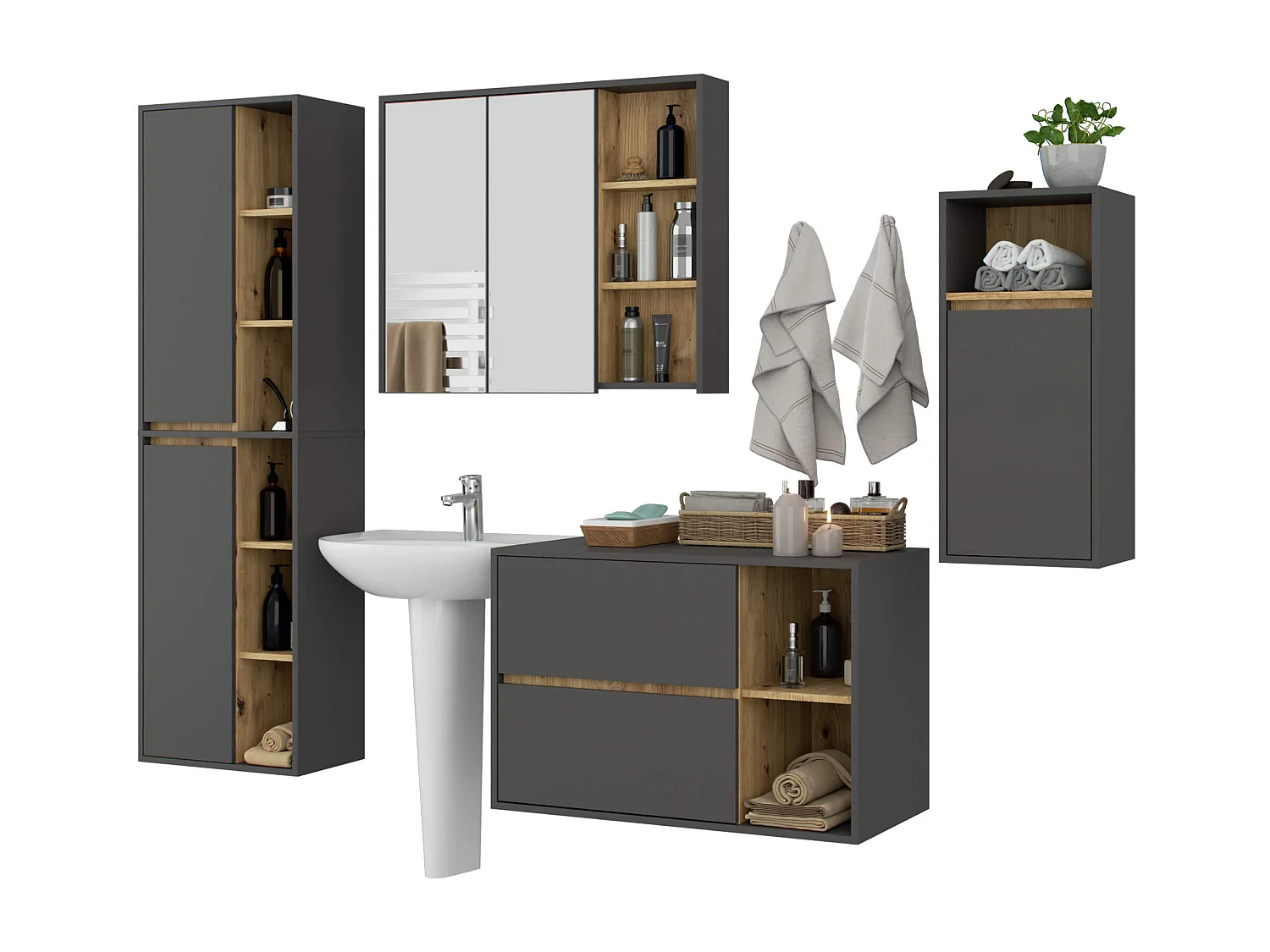 Badkamermeubelset VAMI 4-delige / hangende Badkamerkasten / 21 Planken en 2 Lades / Grafietgrijs - Artisan Eik / AKORD Furniture Factory