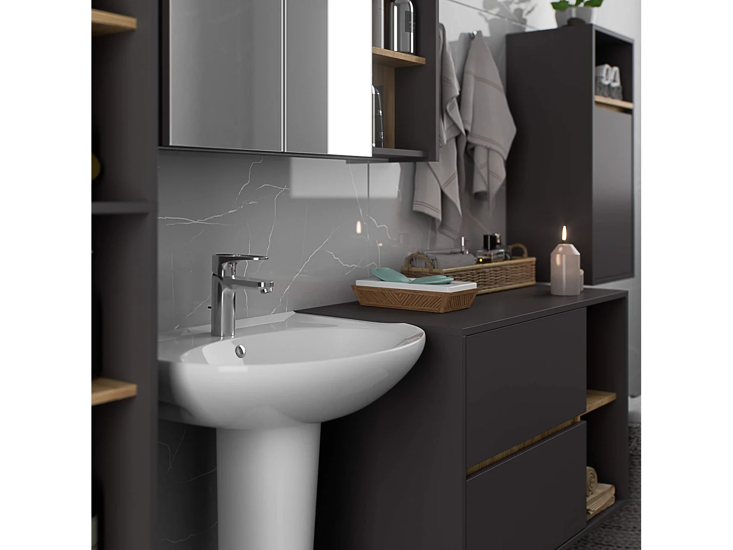 Badkamermeubelset VAMI 4-delige / hangende Badkamerkasten / 21 Planken en 2 Lades / Grafietgrijs - Artisan Eik / AKORD Furniture Factory