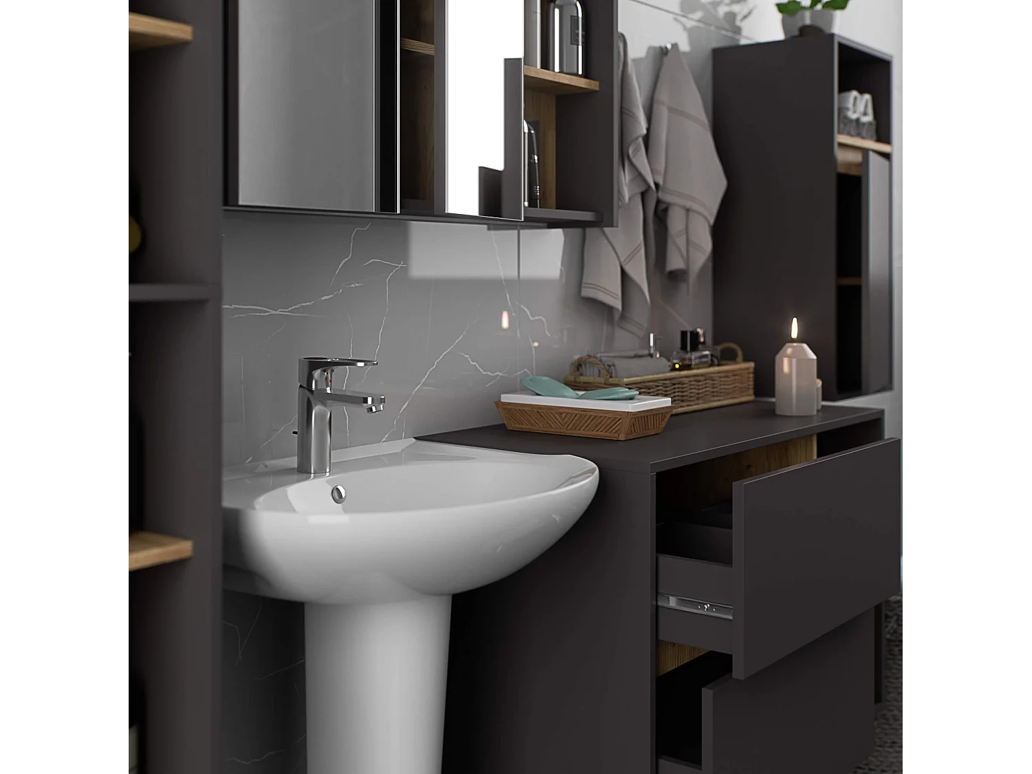 Badkamermeubelset VAMI 4-delige / hangende Badkamerkasten / 21 Planken en 2 Lades / Grafietgrijs - Artisan Eik / AKORD Furniture Factory