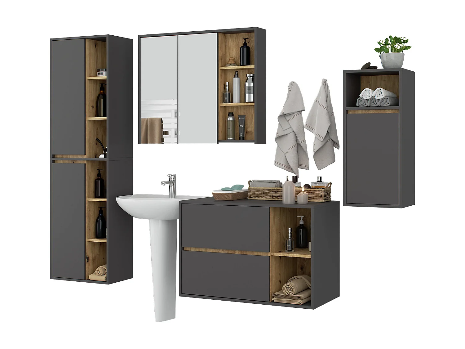 Zestaw mebli łazienkowych wiszących AKORD VAMI Grafit Szary, Dąb Artisan 5 drzwi 21 półek 2 szuflady