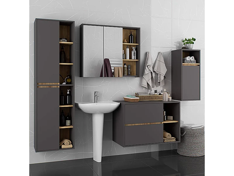 Badkamermeubelset VAMI 4-delige / hangende Badkamerkasten / 21 Planken en 2 Lades / Grafietgrijs - Artisan Eik / AKORD Furniture Factory