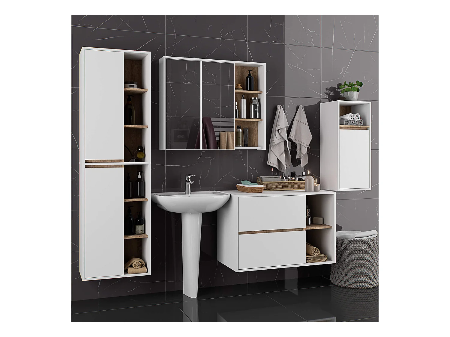 Hängendes Badezimmermöbel-Set VAMI in Weiß mit Innen in Sonoma Eiche