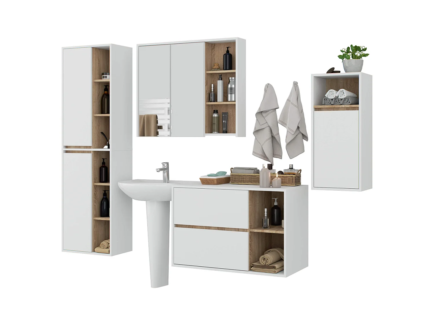 Hängendes Badezimmermöbel-Set VAMI in Weiß mit Innen in Sonoma Eiche