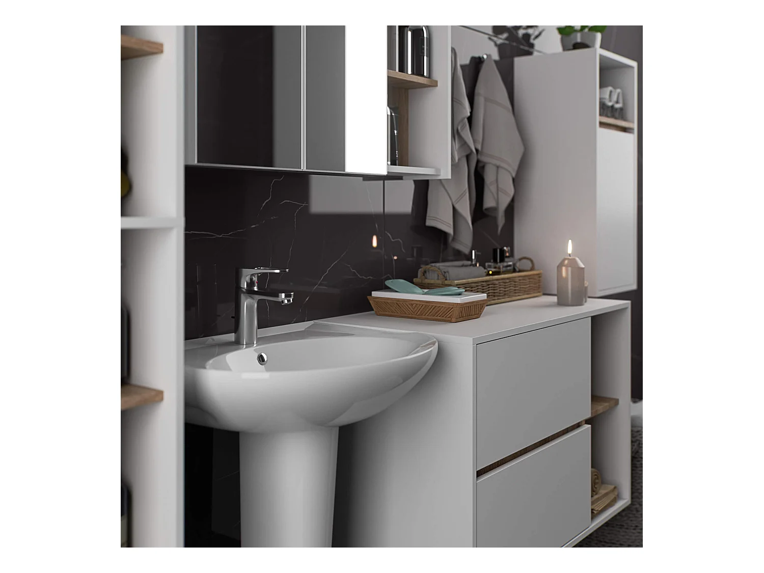 Hängendes Badezimmermöbel-Set VAMI in Weiß mit Innen in Sonoma Eiche