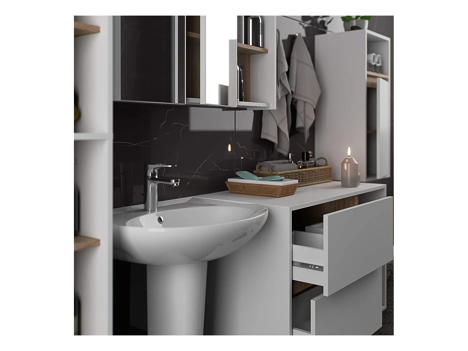 Hängendes Badezimmermöbel-Set VAMI in Weiß mit Innen in Sonoma Eiche