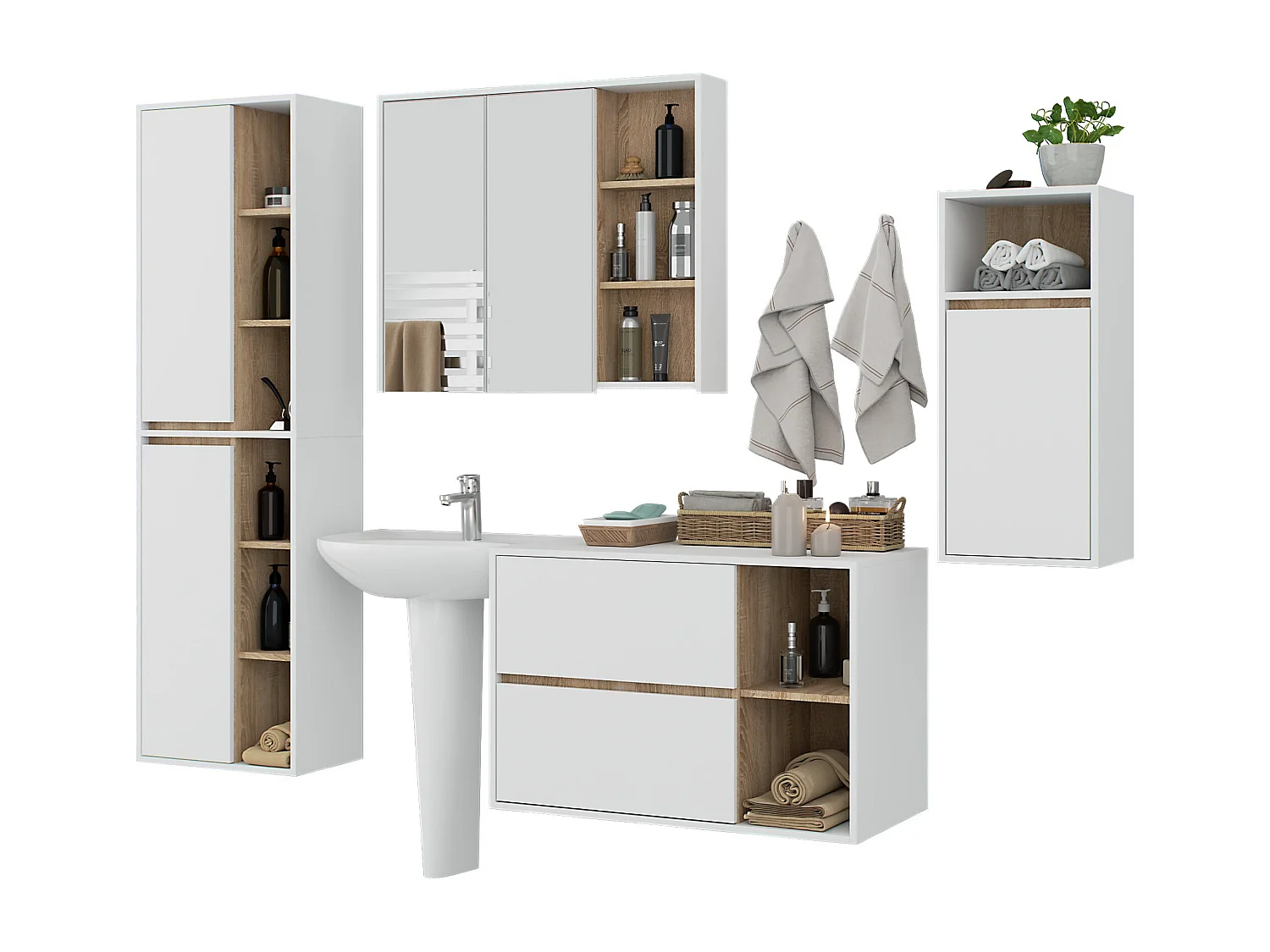 Badkamermeubelset VAMI 4-delige / hangende Badkamerkasten / 21 Planken en 2 Lades / Wit – Sonoma Eik / AKORD Furniture Factory