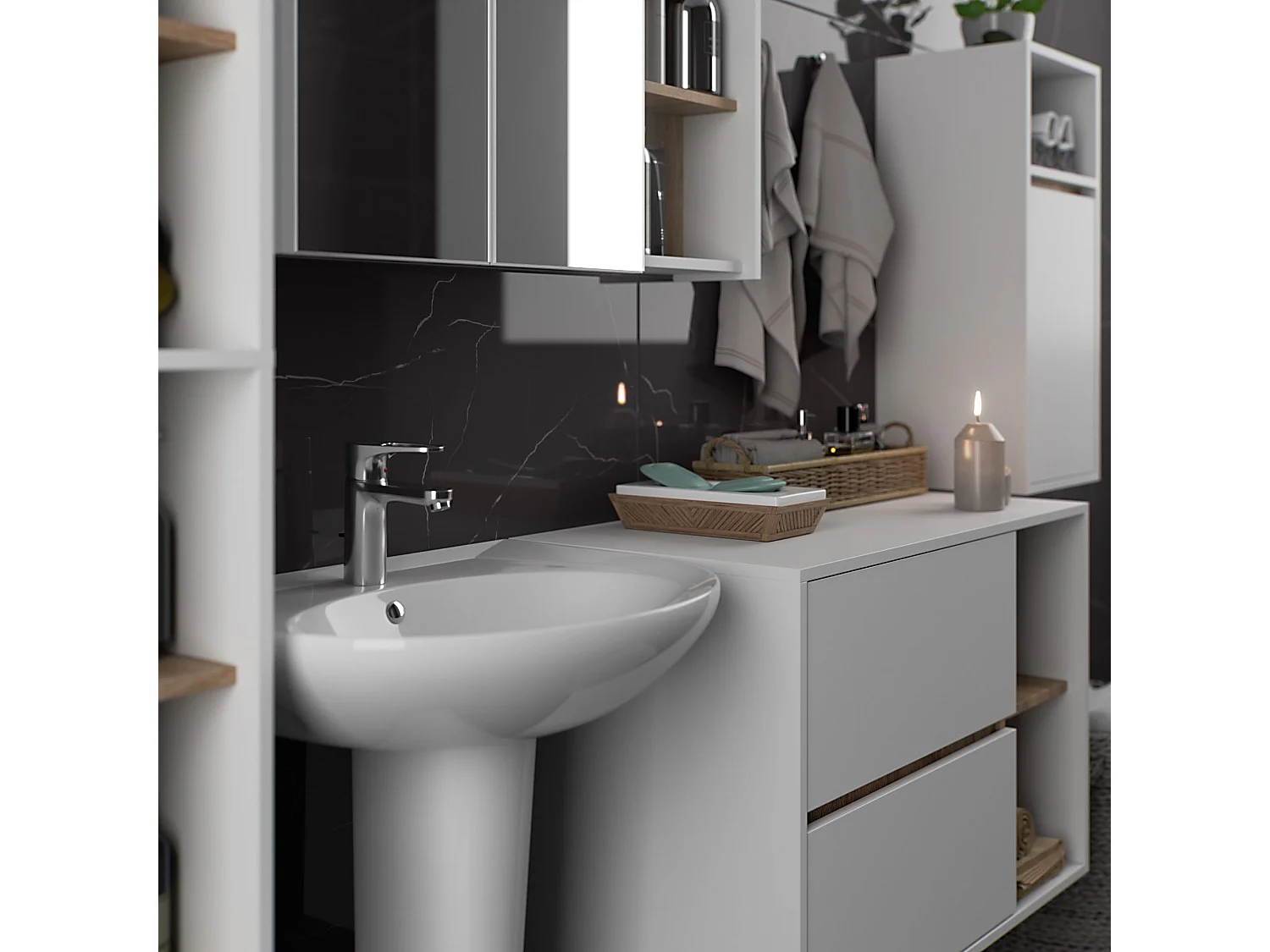 Badkamermeubelset VAMI 4-delige / hangende Badkamerkasten / 21 Planken en 2 Lades / Wit – Sonoma Eik / AKORD Furniture Factory