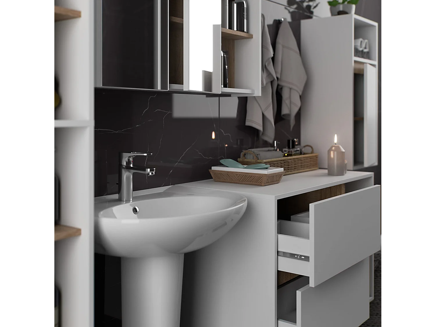 Badkamermeubelset VAMI 4-delige / hangende Badkamerkasten / 21 Planken en 2 Lades / Wit – Sonoma Eik / AKORD Furniture Factory