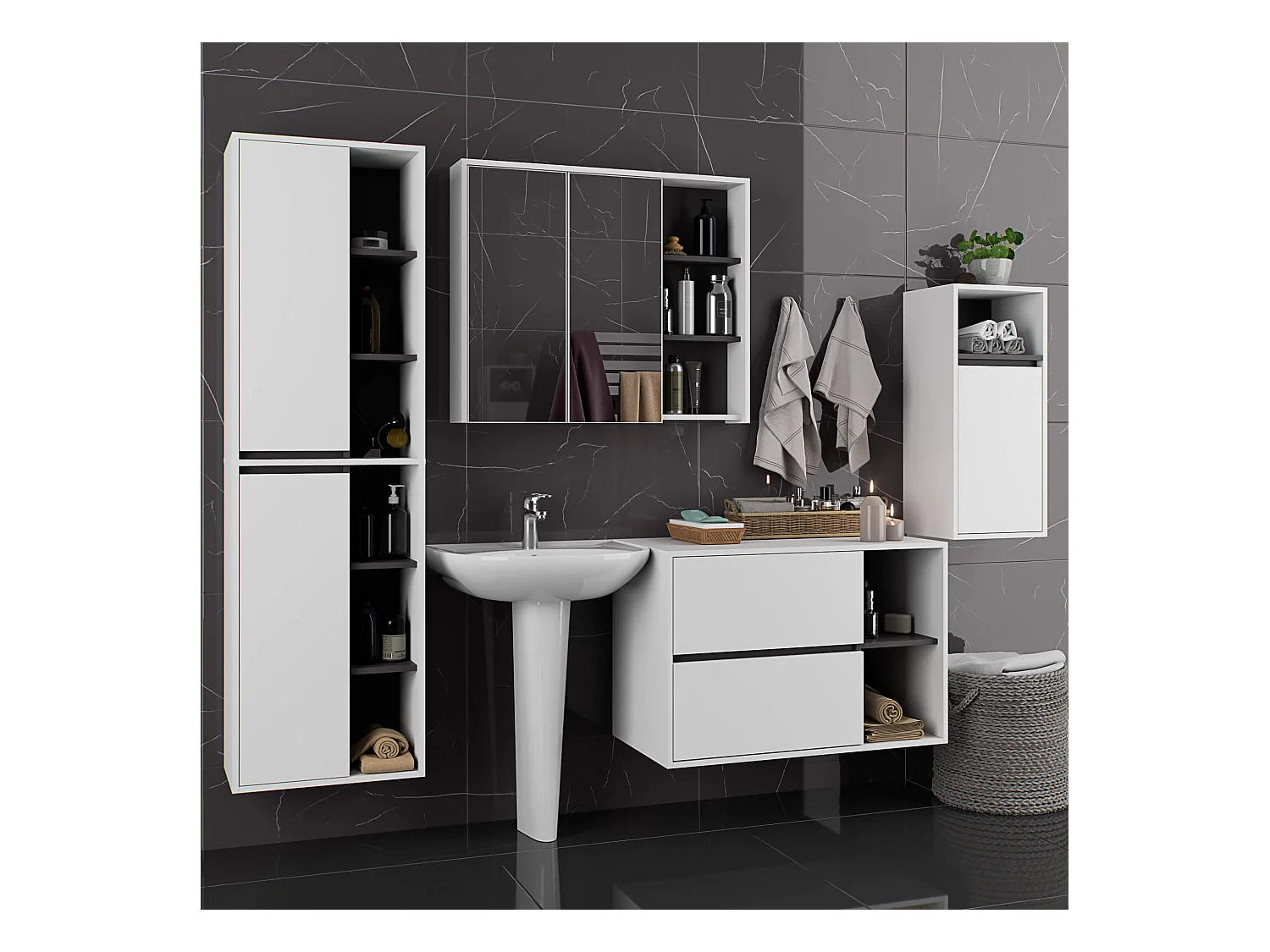 Badkamermeubelset VAMI 4-delige / hangende Badkamerkasten / 21 Planken en 2 Lades / Wit - Grafietgrijs / AKORD Furniture Factory