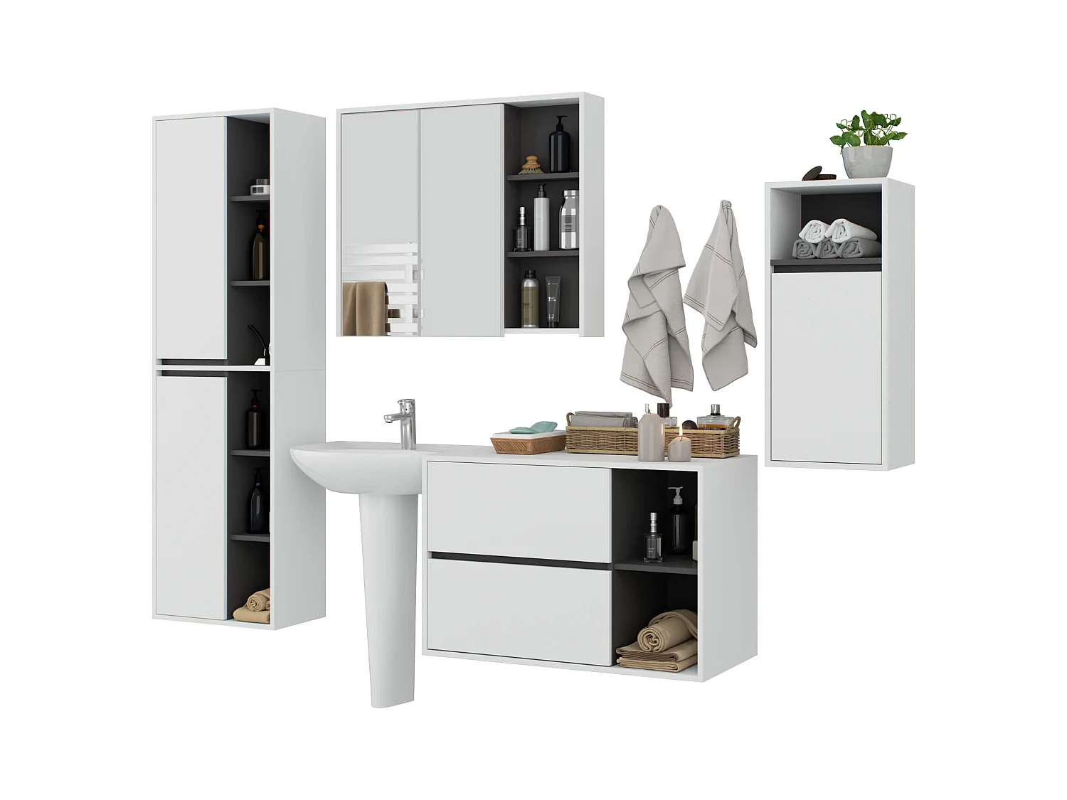 Badkamermeubelset VAMI 4-delige / hangende Badkamerkasten / 21 Planken en 2 Lades / Wit - Grafietgrijs / AKORD Furniture Factory