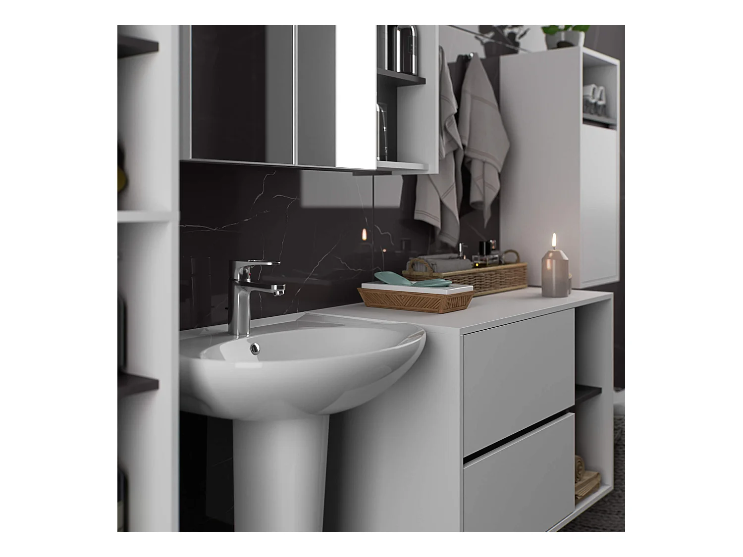 Badkamermeubelset VAMI 4-delige / hangende Badkamerkasten / 21 Planken en 2 Lades / Wit - Grafietgrijs / AKORD Furniture Factory