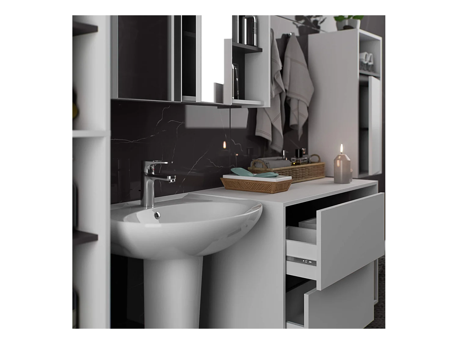 Badkamermeubelset VAMI 4-delige / hangende Badkamerkasten / 21 Planken en 2 Lades / Wit - Grafietgrijs / AKORD Furniture Factory