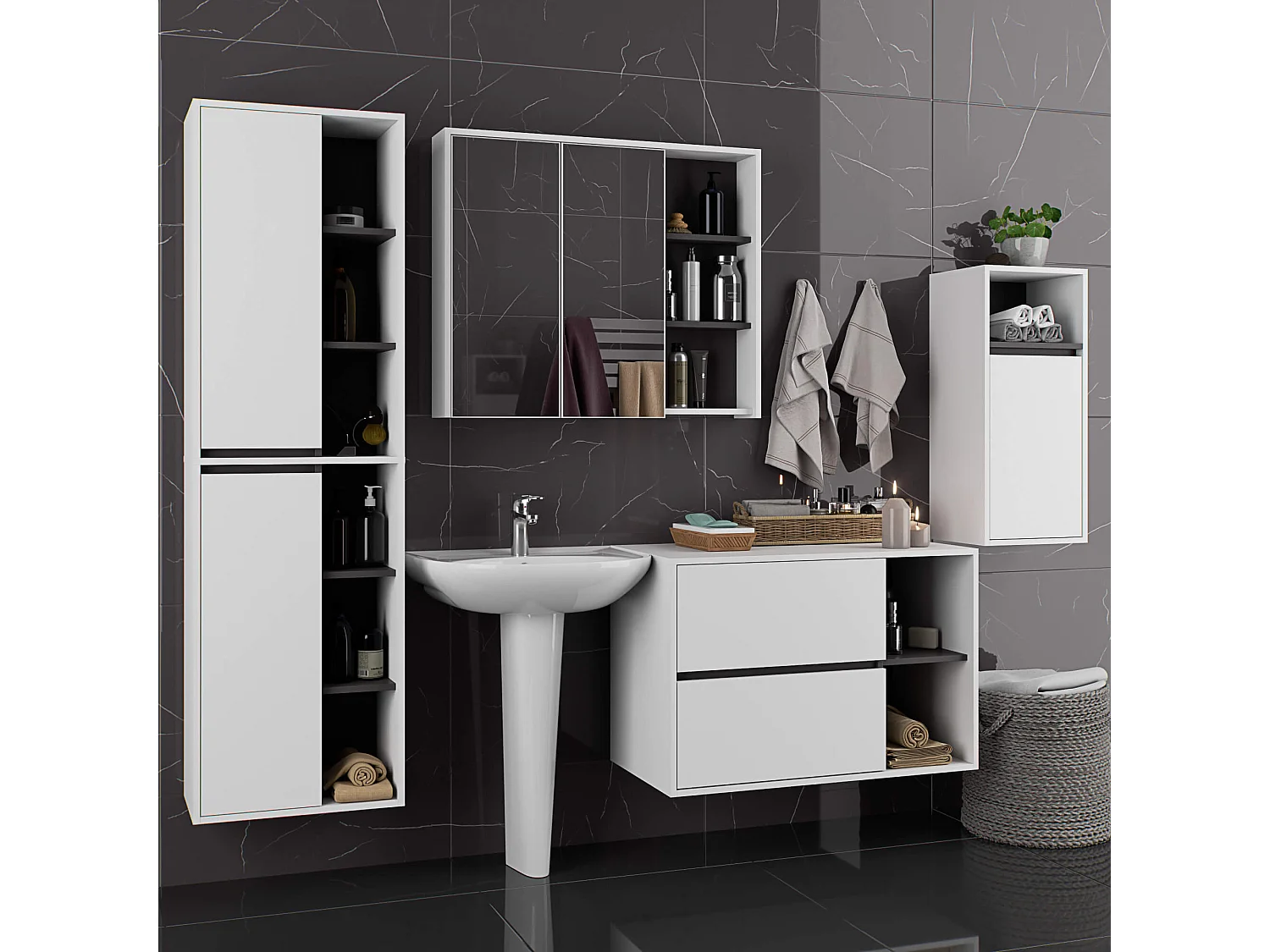 Badkamermeubelset VAMI 4-delige / hangende Badkamerkasten / 21 Planken en 2 Lades / Wit - Grafietgrijs / AKORD Furniture Factory