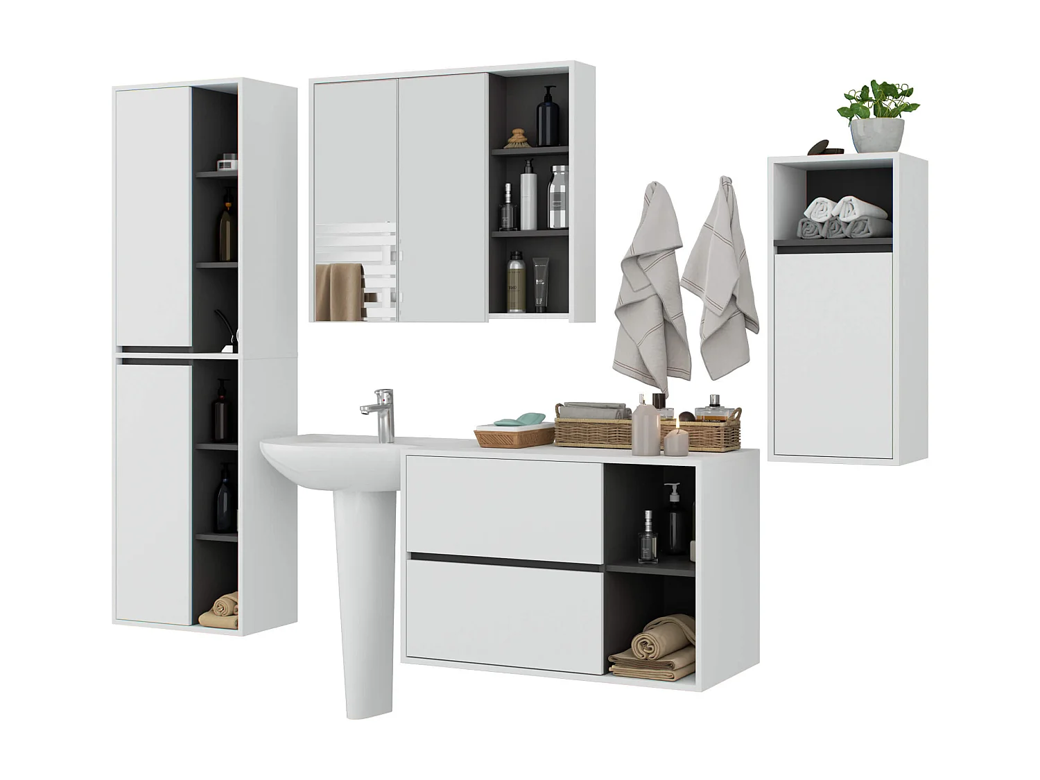 Badkamermeubelset VAMI 4-delige / hangende Badkamerkasten / 21 Planken en 2 Lades / Wit - Grafietgrijs / AKORD Furniture Factory