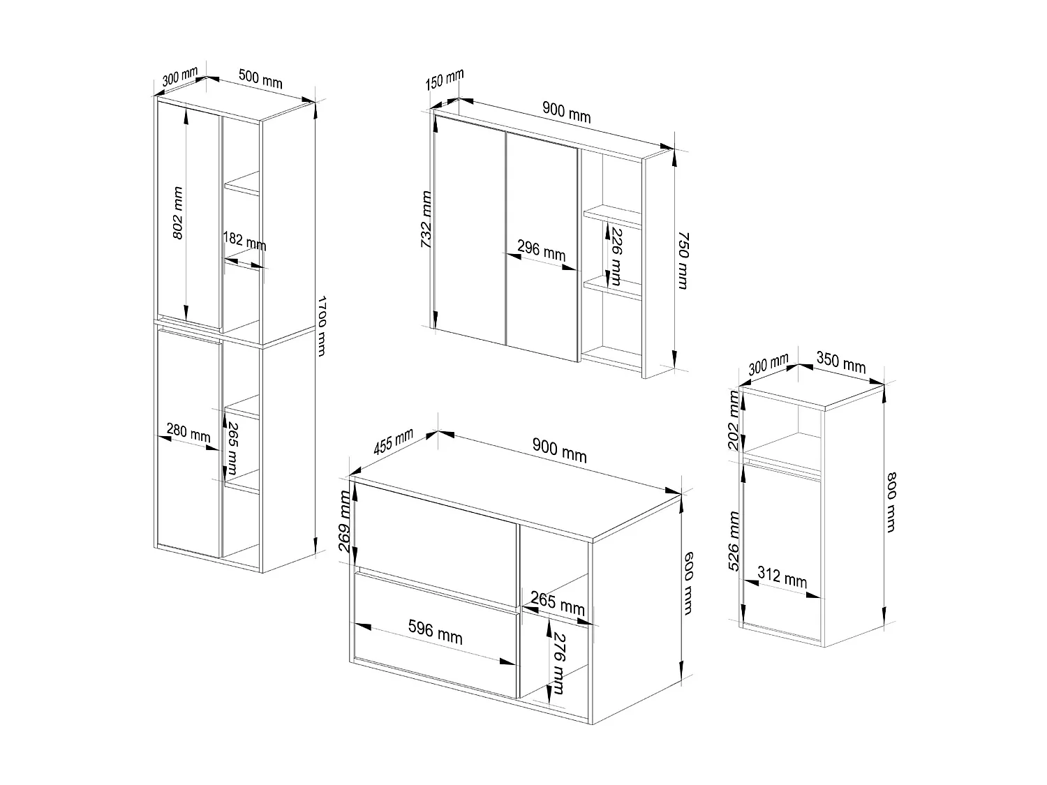 Badkamermeubelset VAMI 4-delige / hangende Badkamerkasten / 21 Planken en 2 Lades / Wit - Grafietgrijs / AKORD Furniture Factory