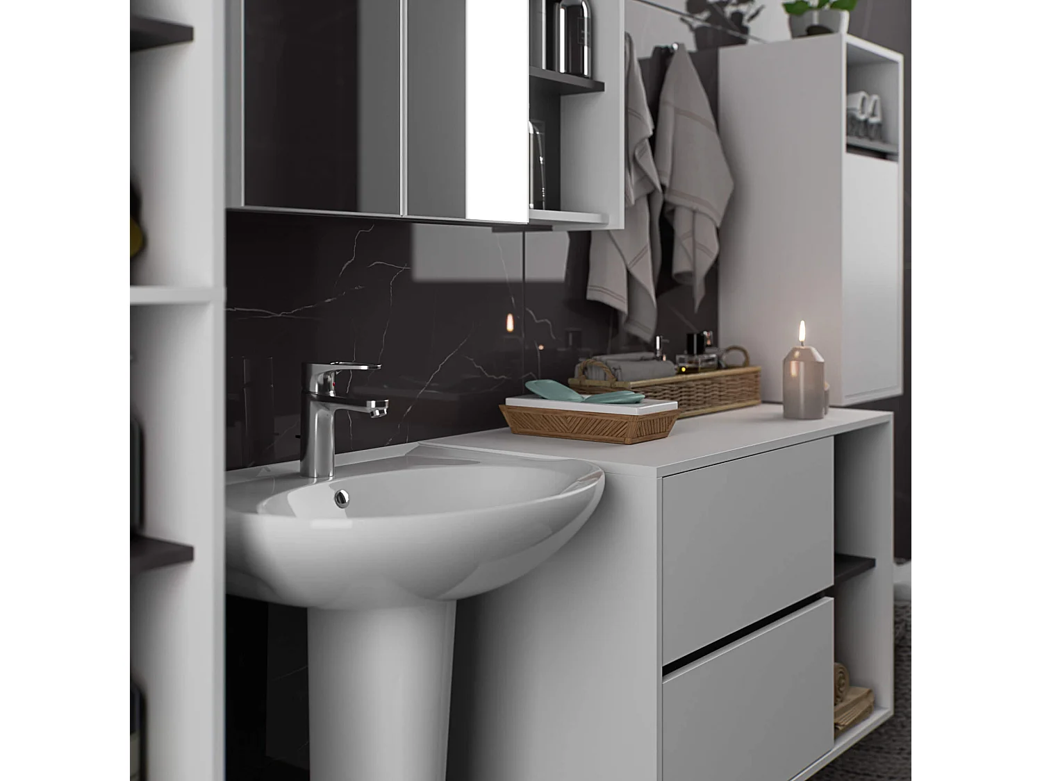 Badkamermeubelset VAMI 4-delige / hangende Badkamerkasten / 21 Planken en 2 Lades / Wit - Grafietgrijs / AKORD Furniture Factory