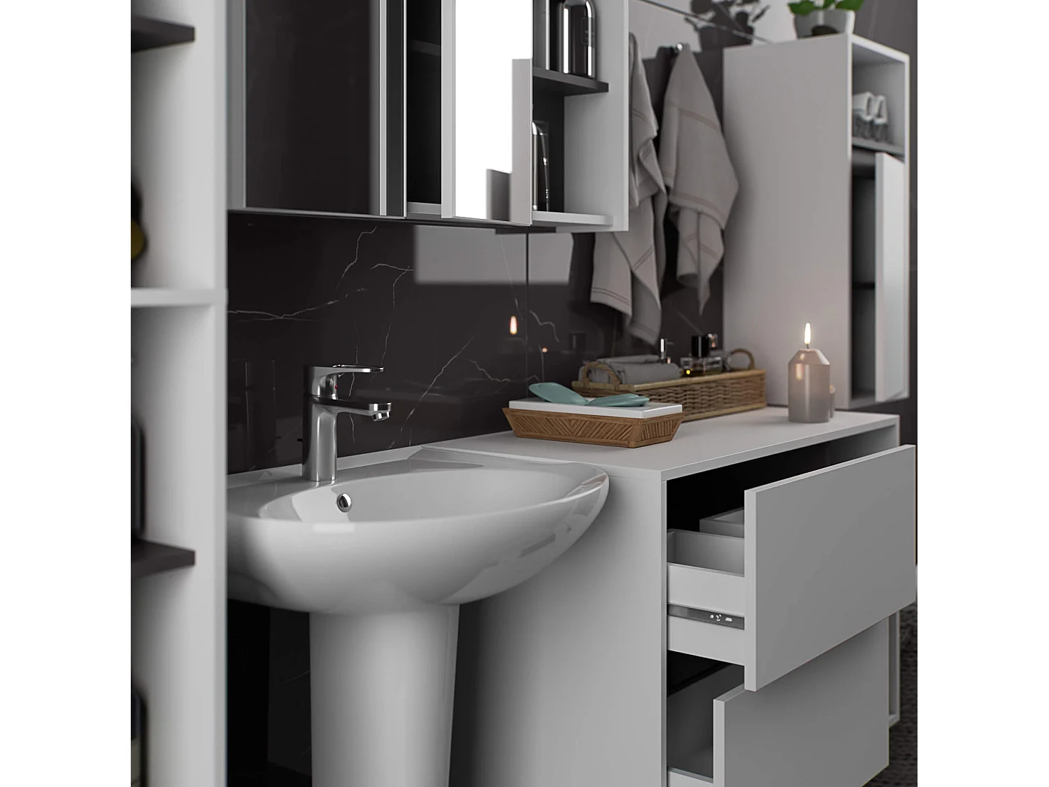 Badkamermeubelset VAMI 4-delige / hangende Badkamerkasten / 21 Planken en 2 Lades / Wit - Grafietgrijs / AKORD Furniture Factory