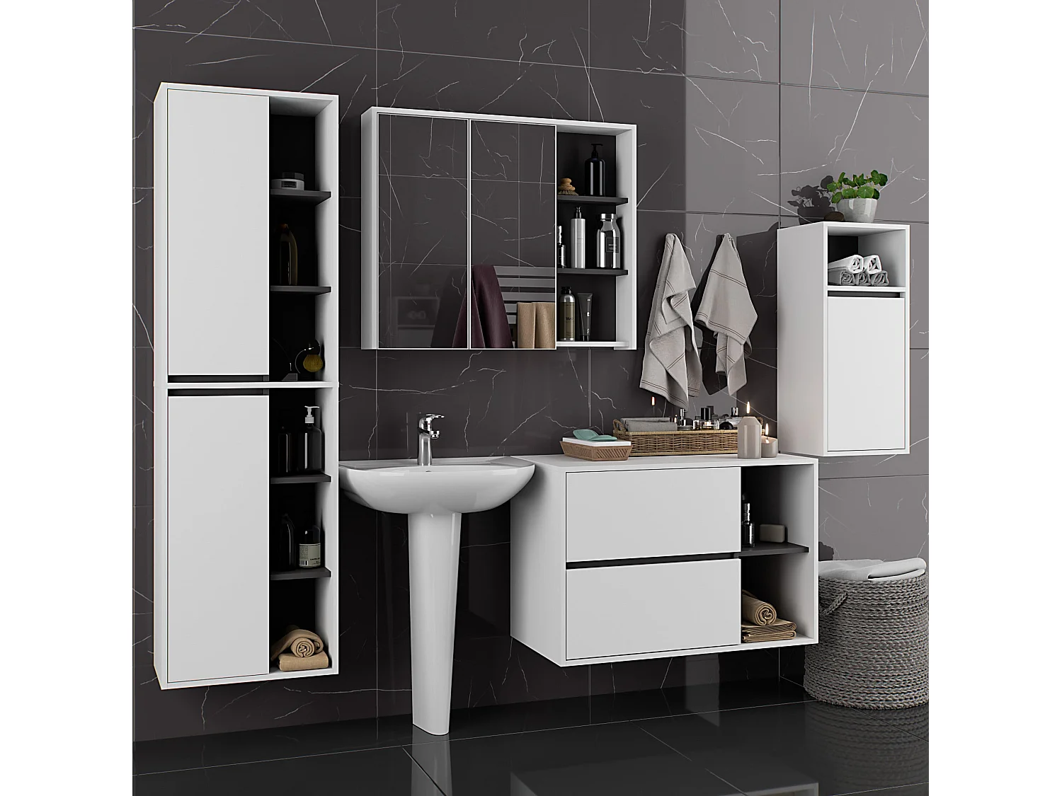 Ensemble de meubles de salle de bains VAMI suspendu Blanche intérieur Gris Graphite