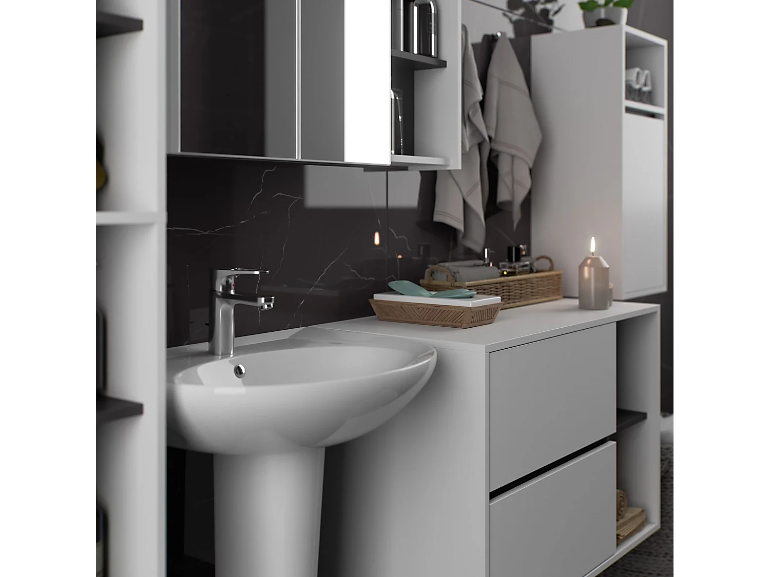 Ensemble de meubles de salle de bains VAMI suspendu Blanche intérieur Gris Graphite