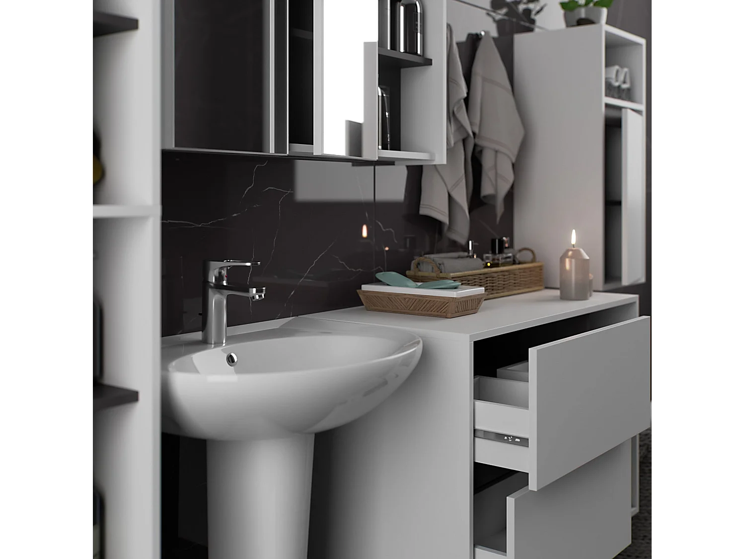 Ensemble de meubles de salle de bains VAMI suspendu Blanche intérieur Gris Graphite