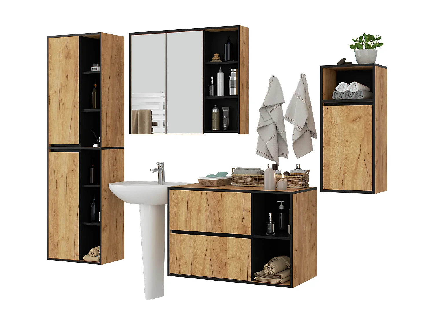 Badkamermeubelset VAMI 4-delige / hangende Badkamerkasten / 21 Planken en 2 Lades / Craft Eik - Zwart / AKORD Furniture Factory