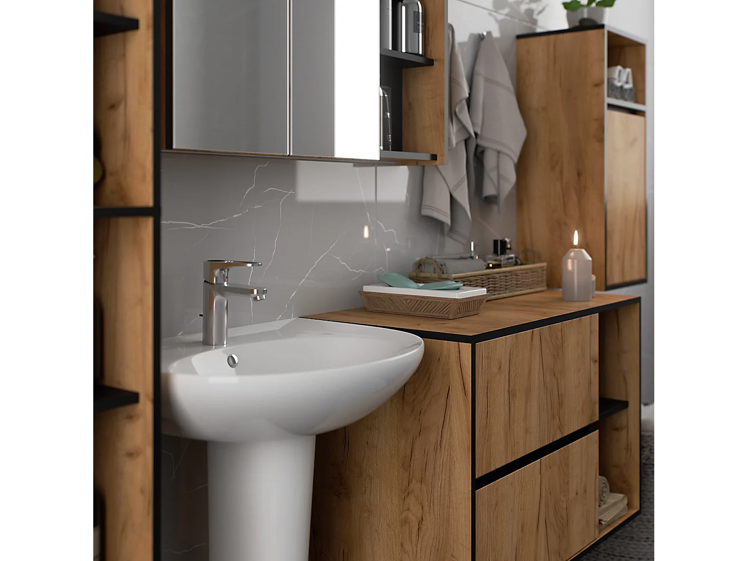 Badkamermeubelset VAMI 4-delige / hangende Badkamerkasten / 21 Planken en 2 Lades / Craft Eik - Zwart / AKORD Furniture Factory