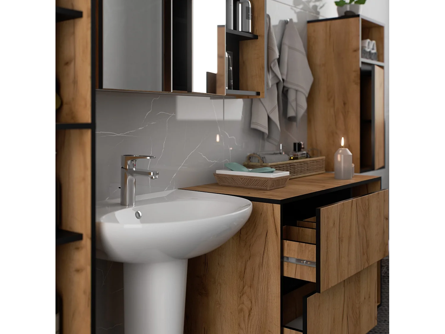 Badkamermeubelset VAMI 4-delige / hangende Badkamerkasten / 21 Planken en 2 Lades / Craft Eik - Zwart / AKORD Furniture Factory