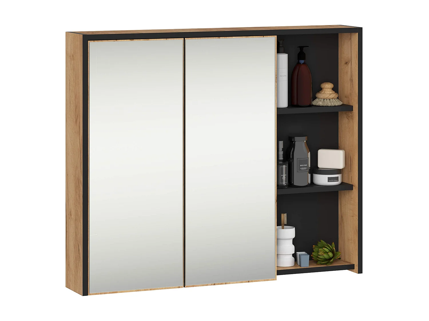 Badkamermeubelset VAMI 4-delige / hangende Badkamerkasten / 21 Planken en 2 Lades / Craft Eik - Zwart / AKORD Furniture Factory