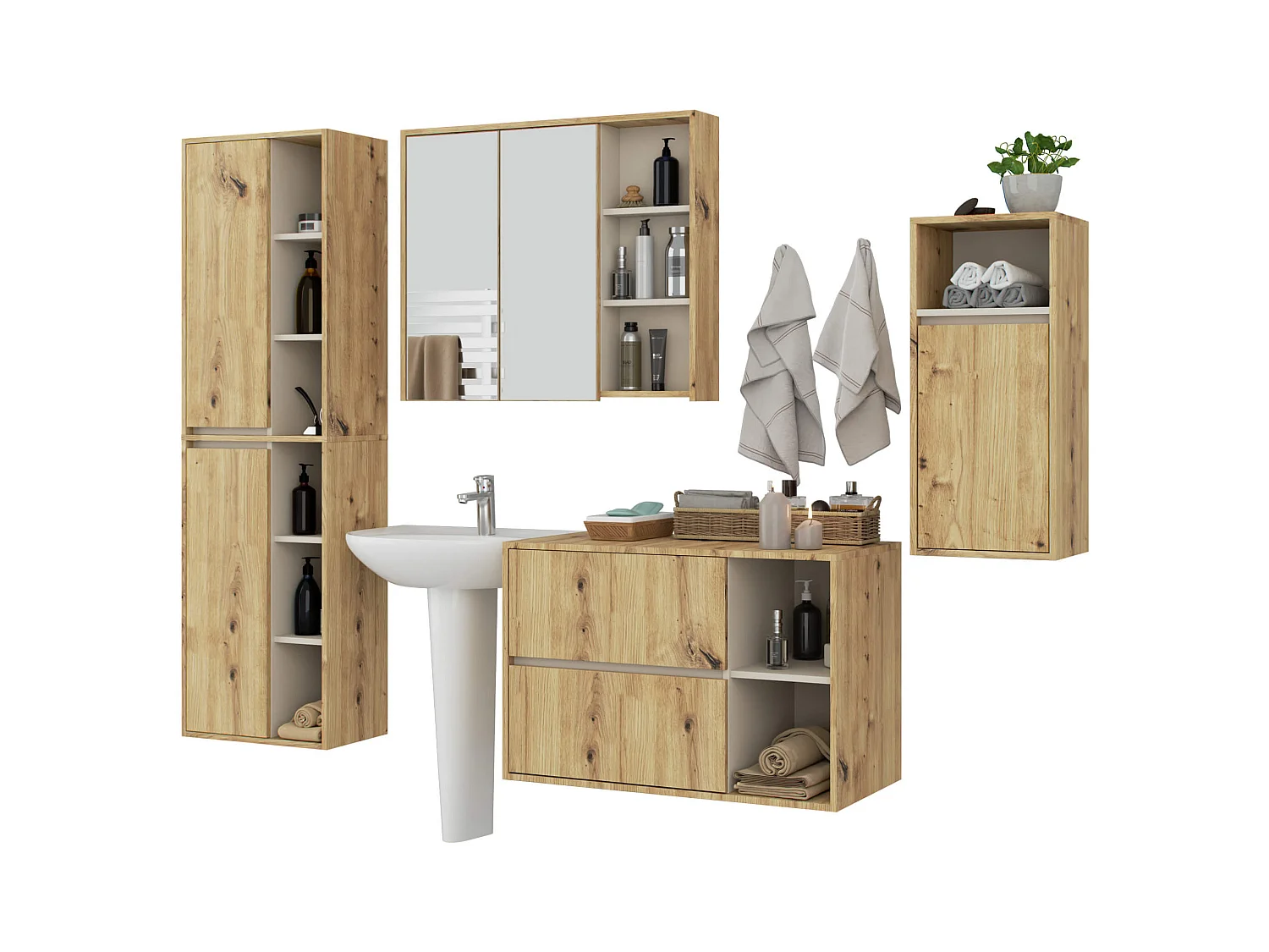 Hängendes Badezimmermöbel-Set VAMI in Artisan Eiche mit Innen in Kaschmir