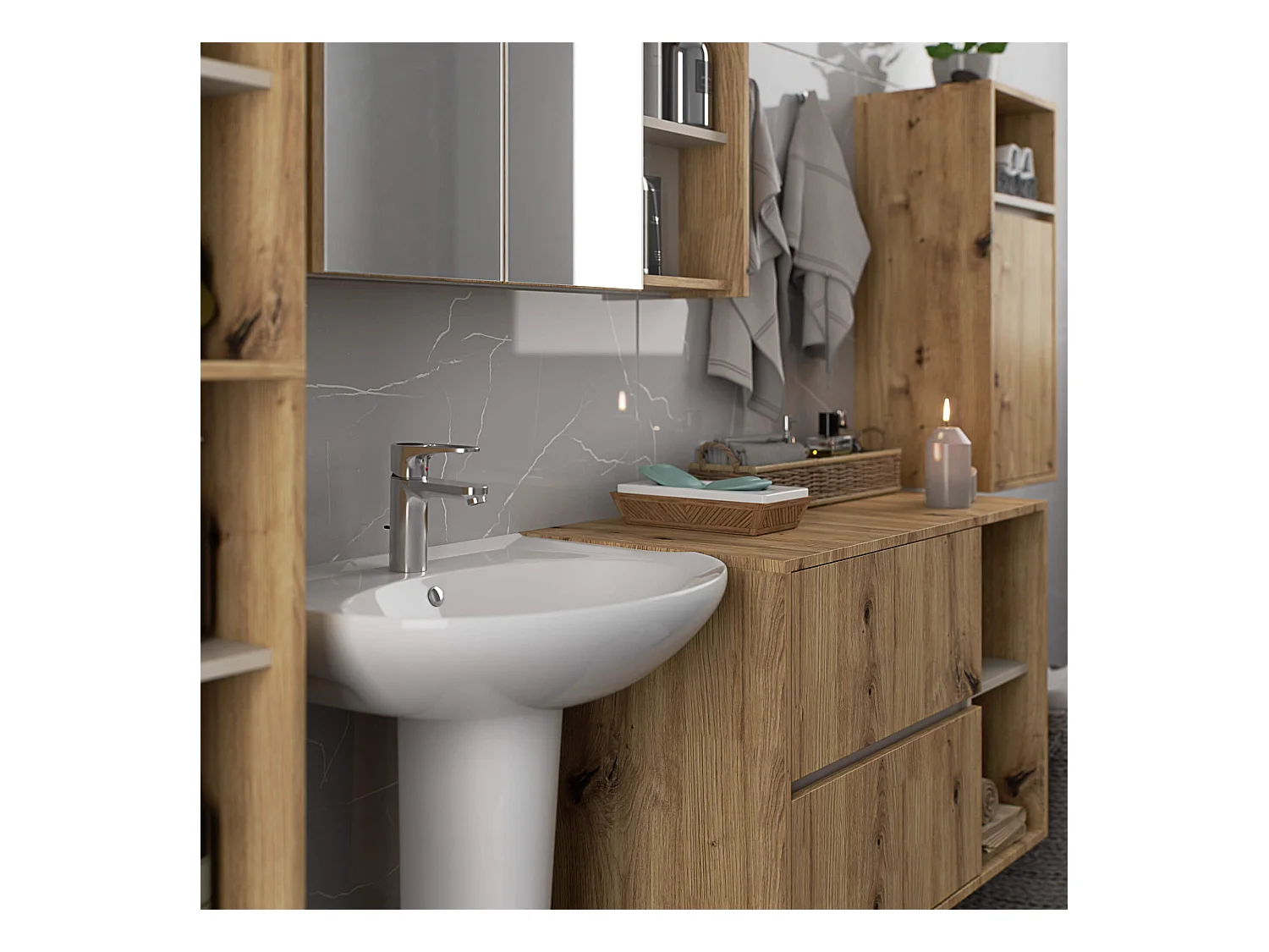 Hängendes Badezimmermöbel-Set VAMI in Artisan Eiche mit Innen in Kaschmir