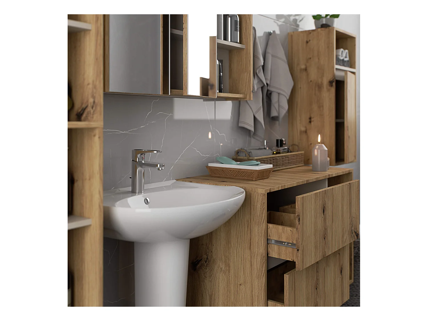 Hängendes Badezimmermöbel-Set VAMI in Artisan Eiche mit Innen in Kaschmir