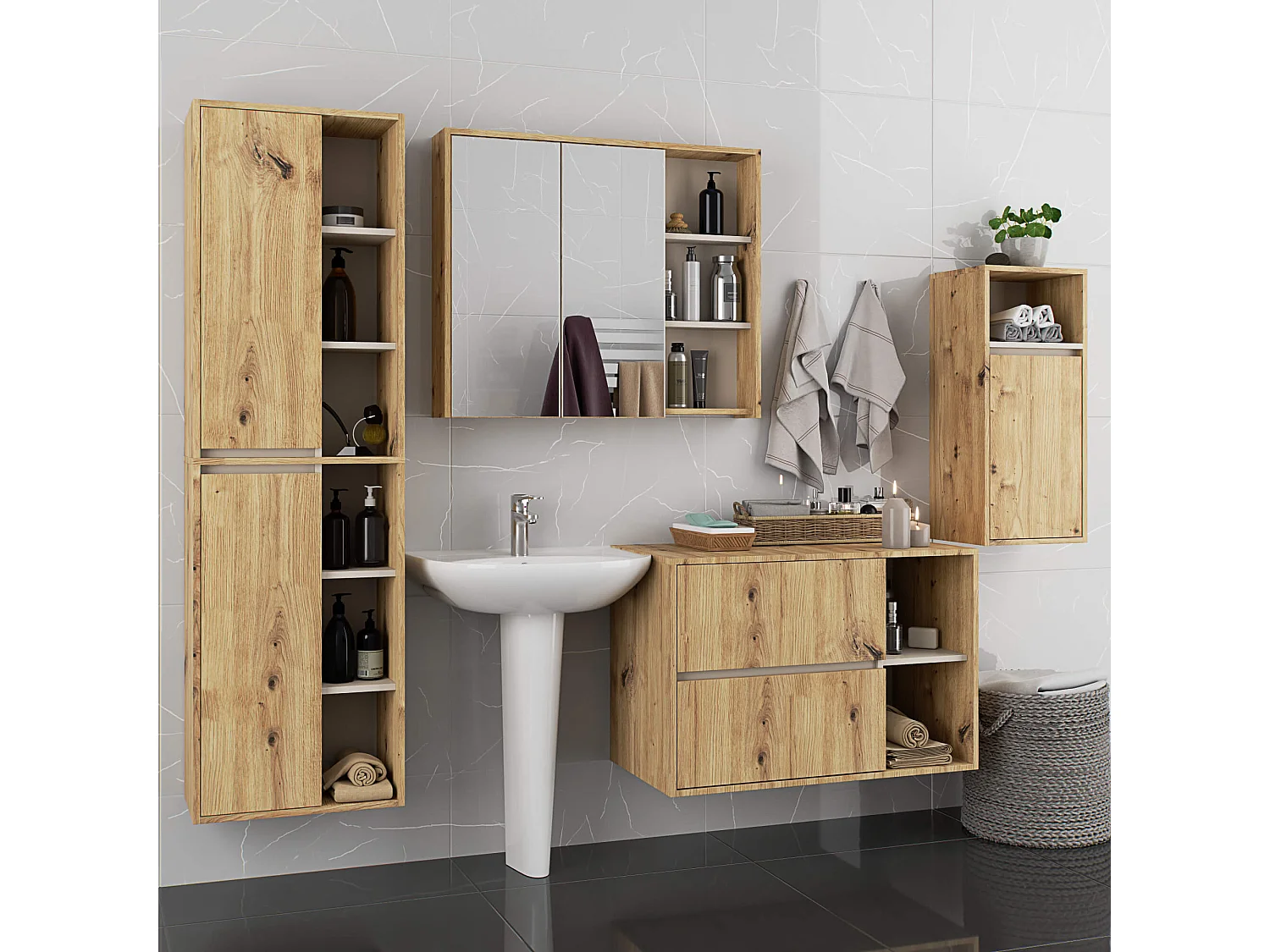 Badkamermeubelset VAMI 4-delige / hangende Badkamerkasten / 21 Planken en 2 Lades / Artisan Eik - Kasjmier / AKORD Furniture Factory